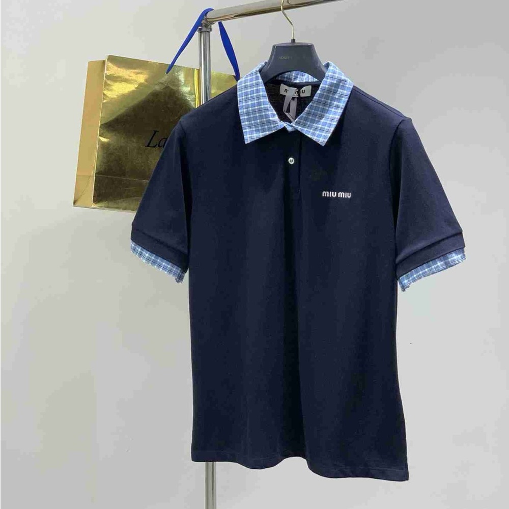 Miu Miu Women's Navy Blue Polo Collar Short-Sleeve T-Shirt - Picture 1 of 7
